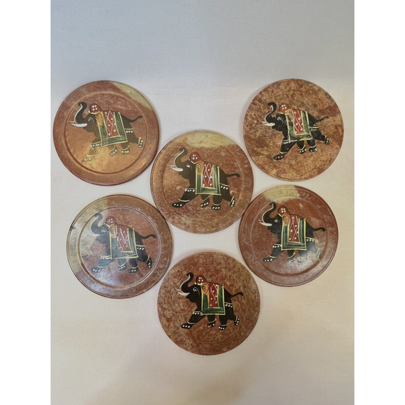 Royal Set of 6 Hand Carved Marble Bar Coaster with Hand-painted Elephant Design - Picture 3 of 7
